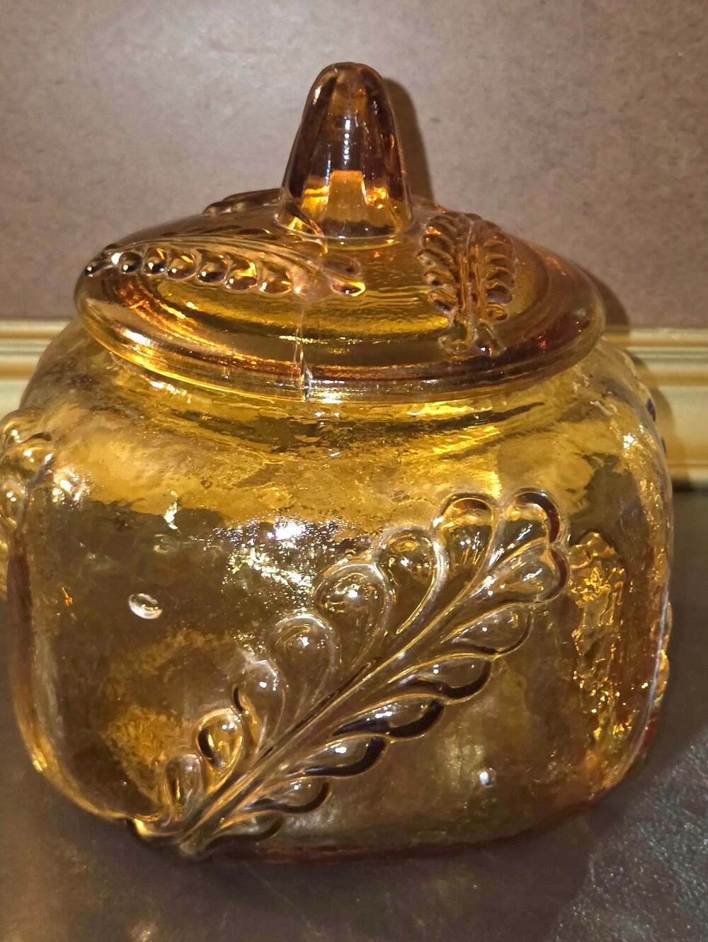 Amber Glass Apothecary Jar w Embossed Leaf Motif